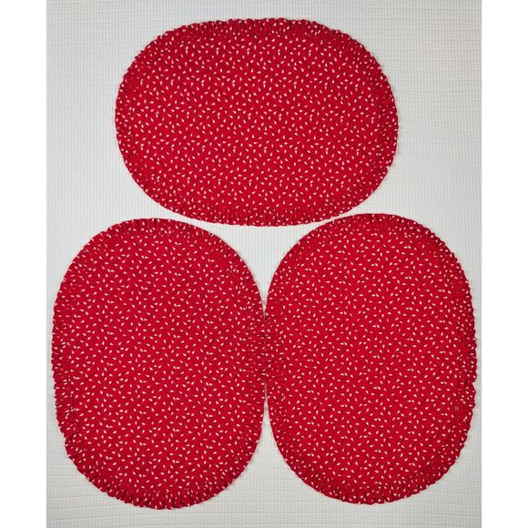 Vintage Quilted Christmas Tree Placemats Ruffled Edge Oval Set of 3 Red White - Picture 5 of 8